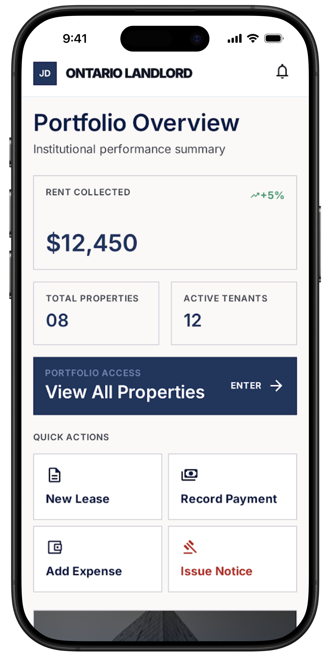 Ontario Landlord app showing Portfolio Overview on iPhone
